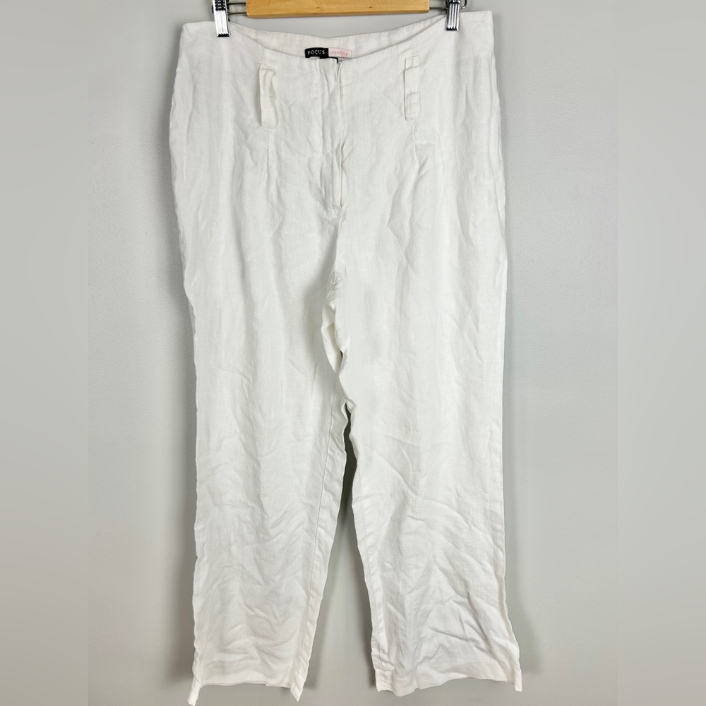 White 100% Linen Trousers Women's Size 12 Loose Straight Leg Coastal‎ Beach